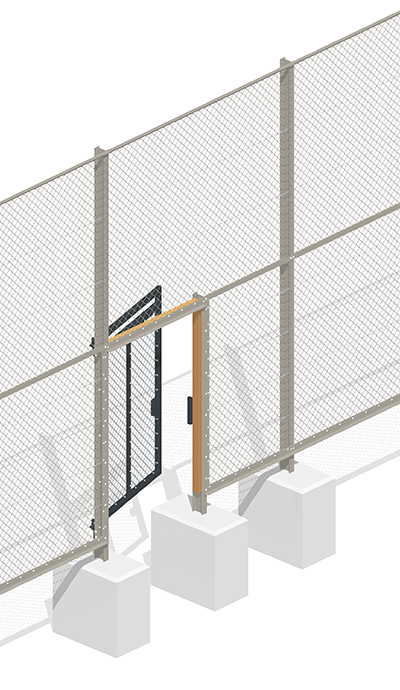 Einflügelige Tür, farbig markiert: Rahmen aus Stahlprofilen, Drahtzaun, Anschlussprofile, Holzprofile