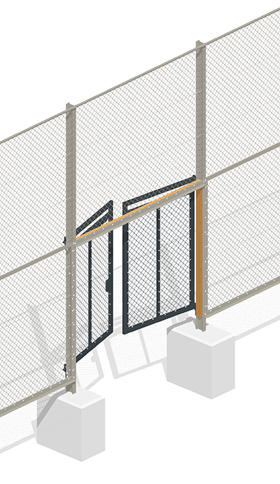 Zweiflügeliges Tor, farbig markiert: Rahmen aus Stahlprofilen, Drahtzaun, Anschlussprofile, Holzprofile