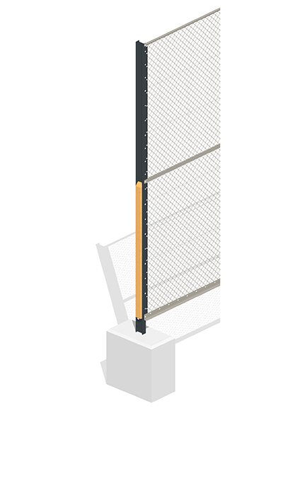 Solidos-Endpfosten, farbig markiert: IPE-Träger, vertikale Anschlussprofile, Holzprofil